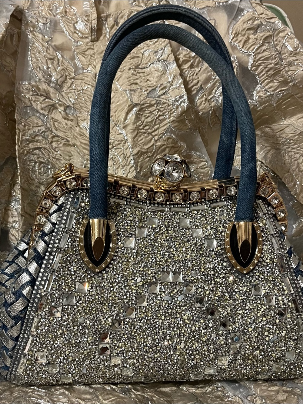 Crystal-Embellished Silver Satchel with Navy Handles